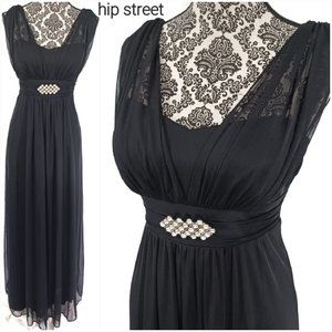 ONYX NITE Chiffon Overlay High Waist Brooch Goddess Party Prom Maxi Dress 6 NWOT